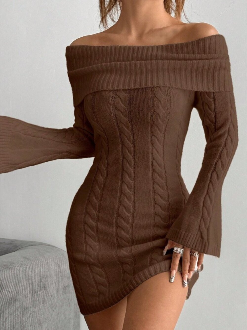 Women's Off Shoulder Long Sleeve Twist Knit Fitted Sweater Dress